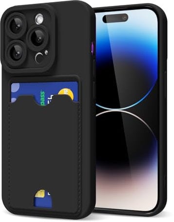 oakxco for iPhone 14 Pro Case with Card Holder, Cute Silicone Wallet Phone Case with Credit Card Slot, Soft Rubber Thin Slim Purse for Women Men with Shockproof Camera Cover Protection, Black