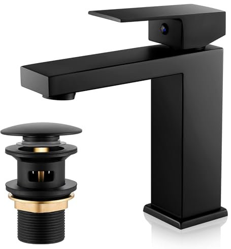 Mitigeur Lavabo Noir, Robinet Cascade Salle de Bain, Mitigeur Lavabo Monocommande avec Bonde de Lavabo Pop-up, Moderne Robinetterie Chromé G 3/8