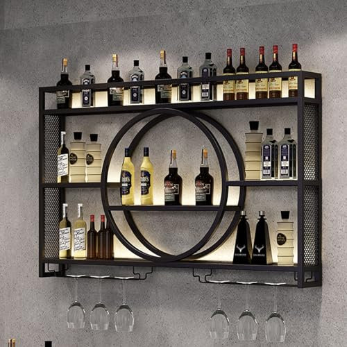 Étagère murale moderne en fer noir avec lumière LED et support en verre pour bouteilles d'alcool pour salon, bar, 99,8 cm
