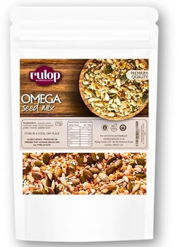 Rulop Omega Seed Mix 1kg – 5 Super Seeds: Pumpkin, Sunflower, Linseed, Flaxseed & Sesame – High in Omega 3 & 6, Fibre & Protein – Raw, Natural, Vegan – Great for Baking, Cereal & Bread