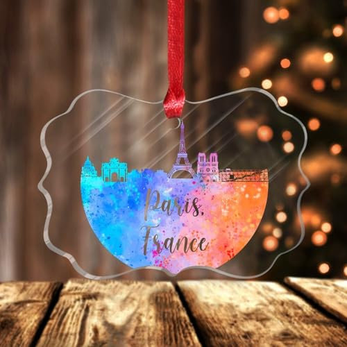 Weihnachtsbaumschmuck mit Skyline in Frankreich, Paris, bunte Städte, Landschaft, Weihnachtsdekoration, Andenken, hängende Ornamente, Acryl-Weihnachtskugel für Weihnachtsbaumdekoration
