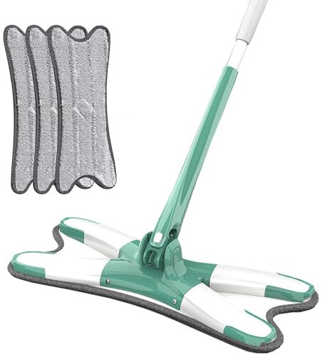 X Type Microfiber Flat Floor Mop with 3 Replacement Pads Self Wringing and Easy Squeeze Mop for Laminate Tile Marble and Wood Floors Green (1 Mop 3 Pads)