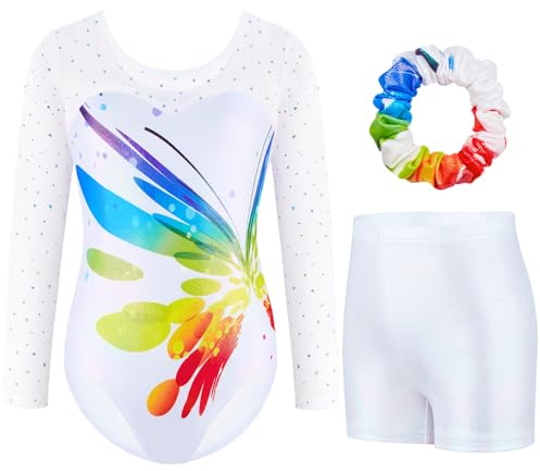 Boteria Dreiteilige Gymnastikanzug Mädchen Turnanzug Leotard Turnshorts und Haarband Set, Langarm Ballettröckchen Kleid Trikotanzug Gymnastik Outfit Set für 5-12 Jahre