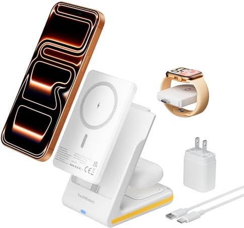 Wireless Charger 5 in 1 Magnetic Charging Station Stand with Portable Power Bank for Apple/Samsung Multiple Devices for Apple Watch 10-2,iPhone 16 15-12 Pro Max/Samsung Galaxy S25 Ultra S24-S8