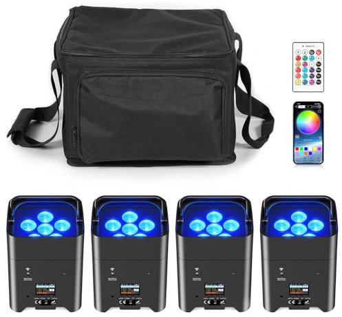 Oloaxolx 4 Stück Akku LED Par Scheinwerfer mit Tasche, 6x18W RGBWA+UV wiederaufladbare par led Strahler mit Fernbedienung,9600 mAh/APP/DMX512 LED Bühnenlicht,für Hochzeit, DJ, Kirche, Weihnachtstanz