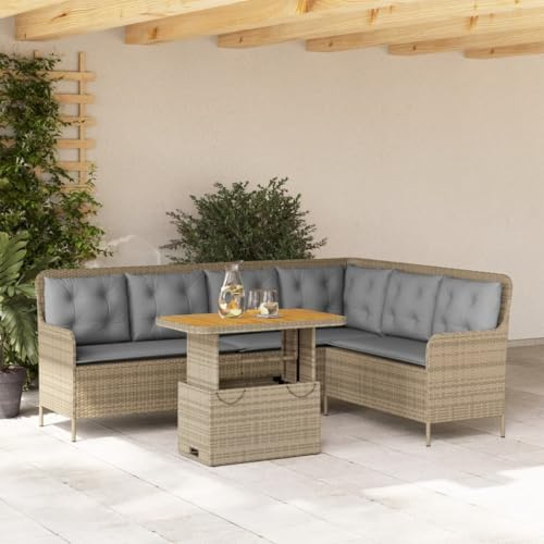 IKAYAA Polyrattan Lounge mit Verstellbare Esstisch 90 x 55 x 40/71 cm, Gartenlounge, Garten Sitzgruppe, Ecklounge, Ecksofa Lounge Möbel, Rattan Gartenmöbel Set inkl.Kissen - Beige, Hellgrau