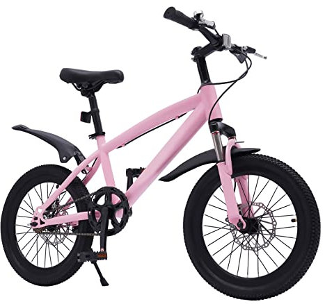 SYNCMH Kinderfahrrad Mountainbike 18 Zoll Fahrrad für Junge und Mädchen ab 5 Jahren, Kinder MTB mit Elektrische Taschenlampe, Reifenpumpe, Gabelfederung, Rosa