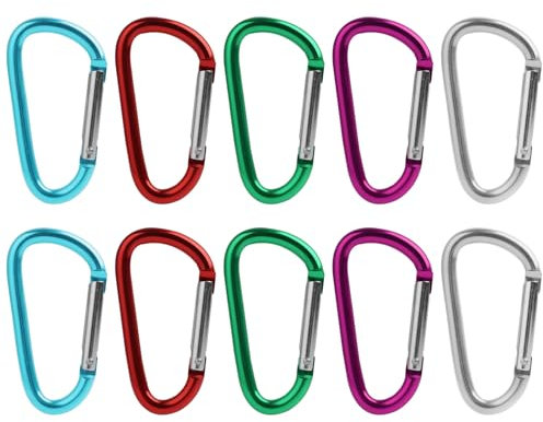 Pack of 10 Multi-Colored Aluminum Carabiner Clips with Secure Screw Lock, Large Durable Caribeana Clips for Backpack, Camping, Hiking, Fishing, Traveling - Not for Climbing (10 Colors, 82 x 44 mm)