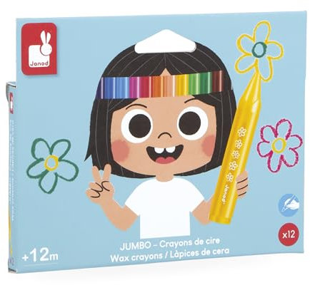 Janod - 12 tizas de colores jumbo para colorear para niños, a partir de 12 meses - Lápices de gran tamaño y forma triangular para un fácil agarre - Ideal para los primeros dibujos - J07401