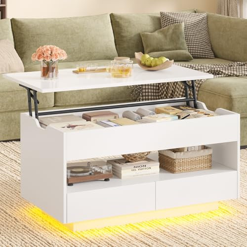 Table Basse Relevable, Table de Salon Basse à LED, Table Basse avec Plateau Relevable, Compartiment Ouvert et 2 Tiroirs, 50 X 90 X 50 cm, Table Basses Bois, Blanc