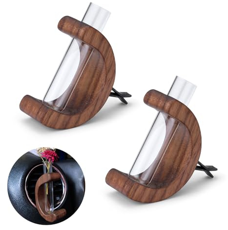 Huakaile 2 Pieces C-shaped Mini Car Vent Flower Vase Glass Tube, Wooden Plant Car Vent Clip Decor Interior Accessories, Auto Vase Ornament (Black Walnut)