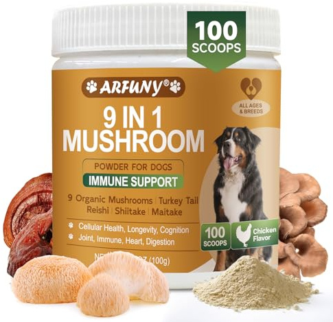 9 in 1 Mushroom Supplement for Dogs Digestive, Cellular, Immune Health | with 9 Mushrooms, High Beta Glucan, for All Dogs, Chicken Flavor Powder, 100g
