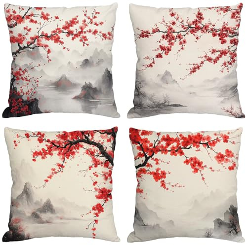 Kissenbezug 80x80 cm Outdoor Kissen Japan 4er Set Leinen Kissenhüllen Blumen Quadratische Dekokissen mit Unsichtbaren Reißverschluss Sitzkissen Wohnzimmer Stuhl Garten Bank Terrassen Balkon Deko B-896