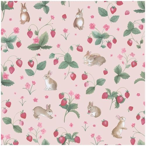 YöL Bunnies Berries Pink Wallpaper - Washable Paste The Paper - Contemporary Versatile - Kids Bedroom Nursery - Feature Statement Wall - Animal Print Botanical - Playful