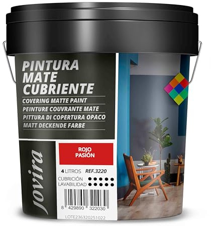 JOVIRA PINTURAS Pintura Mate Cubriente | Colores | Pintura interior-exterior con excelente poder cubriente. (4 Litros, Rojo Pasión)-T