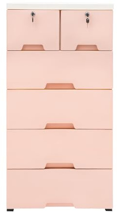 Armadietto mobile con 6 cassetti, pratico cassetto portaoggetti in polipropilene rosa, 50 x 35 x 102 cm, con serratura e ruote per camera da letto, soggiorno e cameretta dei bambini