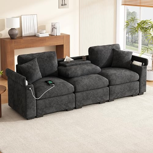 Merax Sofa 3-Sitzer Couch, Multifunktionales Design, mit klappbarer Rückenlehne, Getränkehalter, verstecktem Stauraum, USB-Anschluss, aus Chenille, für Wohnzimmer/Büros/Heimkinos, Grau