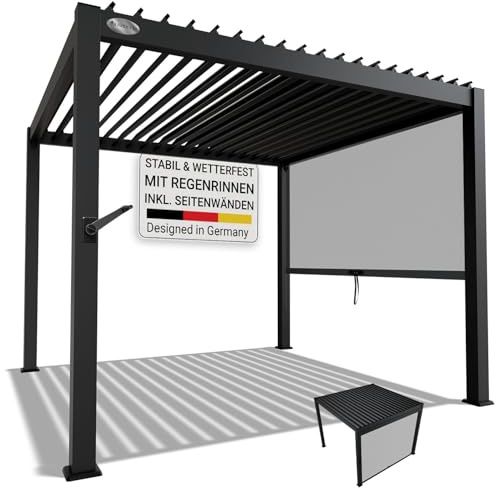Juskys® Lamellendach Tahiti 3x3 m inkl. Seitenwand 3 m - Terrassenüberdachung stabil & wetterfest - Überdachung für Garten & Terrasse - Bausatz Anthrazit
