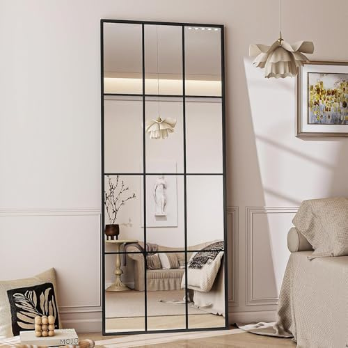 Koonmi Fensterscheibe Ganzkörperspiegel 64 x 175 cm Schwarz, Metallrahmen | mit Ständer, zum Anlehnen oder Aufhängen, Metallrahmen, Sicherheitsglas für Schlafraum, Ankleide, Wohnzimmer und Flur