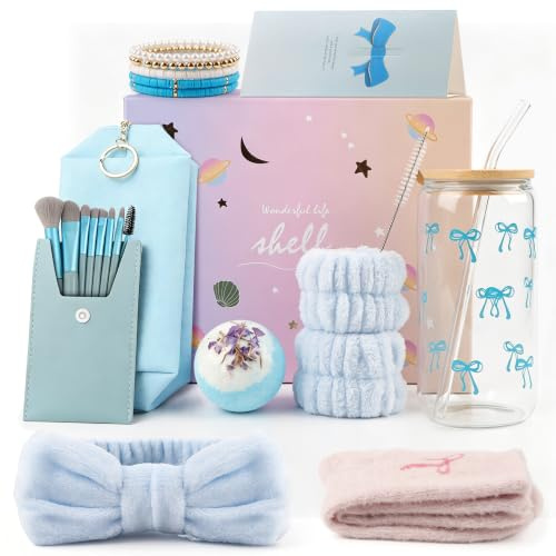 Gifts for Teenage Girls Women Her, Glass Cup with Lid and Straw, Blue | Birthday Gifts for Girls Age 9-14, Makeup Brushes, Cosmetic Bag, Bracelets, Hairband, Socks, Gift Box Set