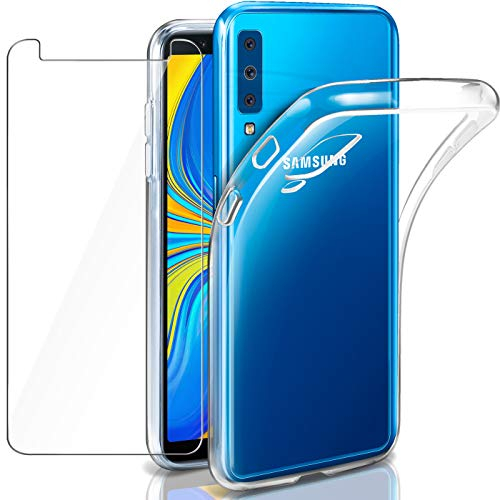 AROYI Samsung Galaxy A7 2018 Hülle + Panzerglas, Samsung Galaxy A7 2018 Durchsichtig Case Transparent Silikon TPU Schutzhülle Premium 9H Gehärtetes Glas für Samsung A7 2018