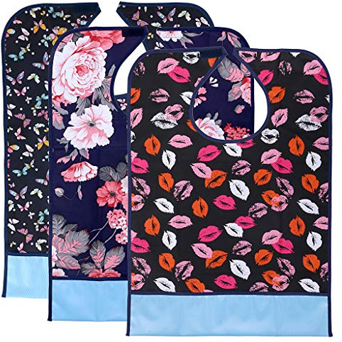 BTSKY 3Pcs wasserdicht wiederverwendbare Erwachsenen Lätzchen - waschbar Mealtime Protector Lätzchen Kleidung Protector mit Crumb Catcher (Blume + Lippe + Schmetterling)