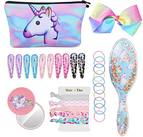 HIFOT Einhorn Haarbürsten Entwirrungsbürste Make-up Mädchen Haarschmuck Set Haarspangen Hair Elastics Haargummis Bowknot Stil Haarnadel Band Spiegel für Kinder Teens Frauen mit Einhorn Geschenk Box