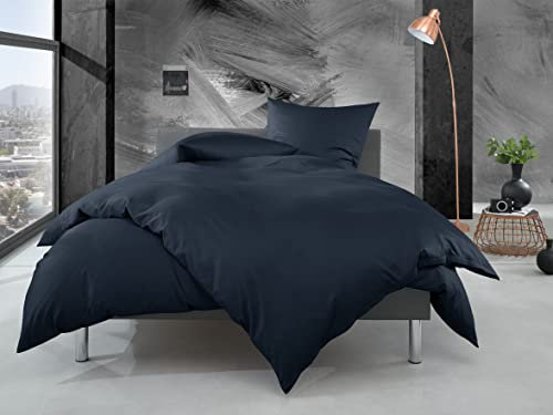 Bettwaesche-mit-Stil Mako Perkal Bettwäsche Uni einfarbig dunkelblau (Garnitur 240x220 + 2X 80x80 cm)