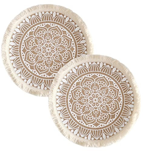 2 Stück runde Boho-Tischsets mit Quasten, natürliche Jute, gewebt, Makramee-Untersetzer, Tischuntersetzer, Platzsets, Platzdeckchen für Esszimmer, Küche, Tischdekoration, Stil 1