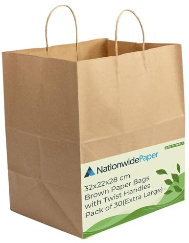 NationwidePaper 30 Pcs Brown Paper Bags, Shopping Bags with Strong Twisted Handles for Grocery, Sweets, Food, Merchandise, Retail (32x22x28cm)