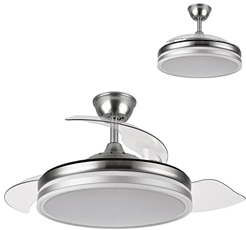 FABRILAMP TODOLAMPARA - Ventilador de techo con luz led, motor DC, color níquel, aspas retráctiles, mando a distancia, temporizador, memoria de luz, 3 tonalidades y 6 velocidades