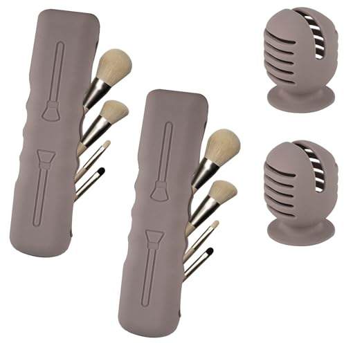 Coriver Silicone Makeup Brush Bag, 2 PCS with Magnetic Closure, 2 PCS Sponge Holder, Travel Cosmetic Tools Storage