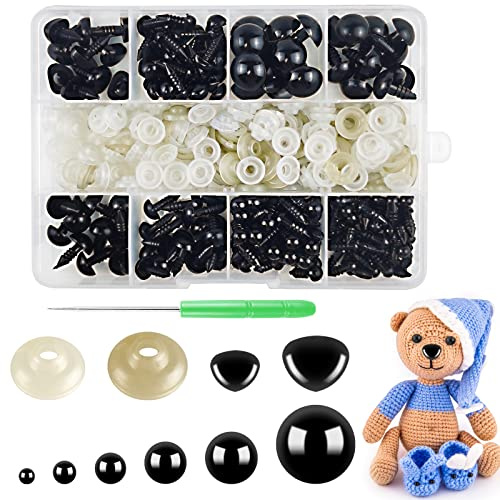Hengxinc 340 Stück 5-14mm Sicherheitsaugen und Sicherheitsnasen | Sicherheitsaugen für Häkeltiere Schwarz, Amigurumi Augen mit Unterlegscheiben für Häkeltiere Puppe Marionette Plüschtier