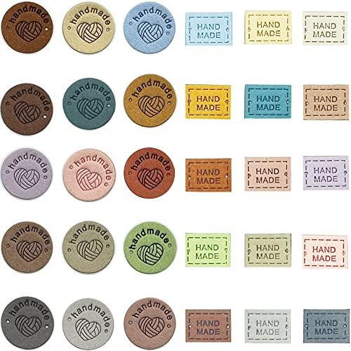 Hayaww 60 Pcs Handmade Leder Etiketten Tags, Handmade Label Diy Kleideretiketten Label Lederetiketten Zum AnnäHen Handgefertigtes Etikett Kleidung NäHetiketten FüR Kleidung AnnäHen Strickdekoration