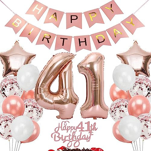 Feelairy Geburtstagsdeko 41 Jahre Frauen, Rosegold Luftballon 41. Geburtstag Deko Frau, Tortendeko Happy 41th Birthday Deko 41 Jahre Frauen, Ballon 41. Geburtstag Frau Party Dekoration Set