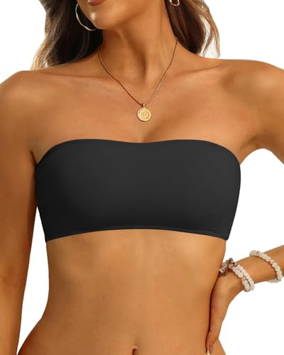 Aqua Eve Women Strapless Bikini Top Only Bandeau Swim Top Tube Top Swimsuit Solid Black S