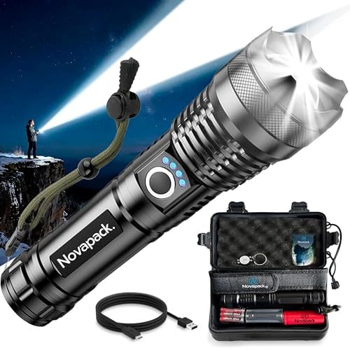 Novapack Linternas LED Alta Potencia 20000 Lúmenes XHP70.2 – Recargable USB, Táctica Militar, 5 Modos, Largo Alcance, Impermeable IPX6 – Ideal Camping, Emergencias y Seguridad