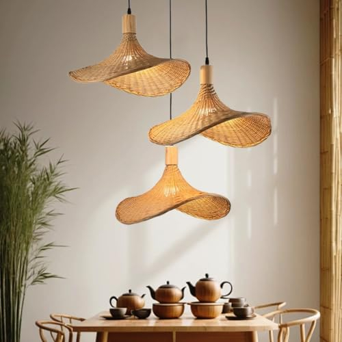 Pendelleuchte 3-Flammig Vintage Esstisch Rattan Bambus Pendellampe Retro Stil Laterne E27 Kronleuchter Antik Lampe Landhaus Hängelampe Wicker Lampenschirm Schlafzimmer Wohnzimmer Cafe Bar Deckenlampe(