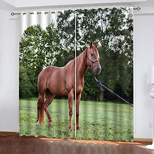 Verdunkelungsvorhänge 3D Tierpferd Grüner Rasen Druck Muster Ösen Vorhang 2Er Set 240X264Cm (HxB) Vorhänge Blickdicht Gardinen Wohnzimmer Kinderzimmer Thermo Vorhänge Fensterdekoration