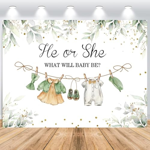 ASDCXZ Toile de Fond de Révélation de Sexe 2.2x1.5m, Printemps Vert Feuilles Dessin animé vêtements Ornements Photographie Toile de Fond garçon Fille Sexe révéler fête décorer gâteau Table bannière