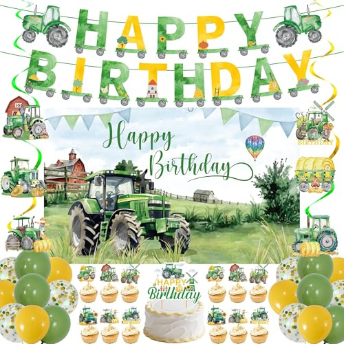 Farm Green Traktor Geburtstag Deko - 40 Stück Deko für Kinder | Traktor Banner mit Ballons Wirbel Hintergrund Tortendeko für Bauernhof Kindergeburtstag