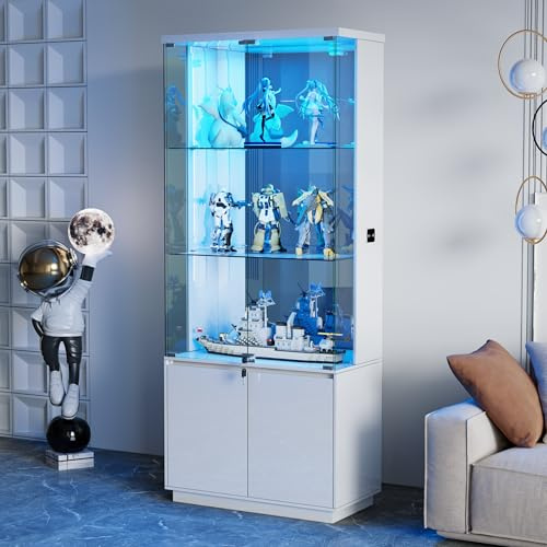 71”Glass Display Cabinet with Lights & Shelves & Drawers for Collectibles | Locking Cabinet Tall Bookcase with Human Body Sensor for Living Room (White)