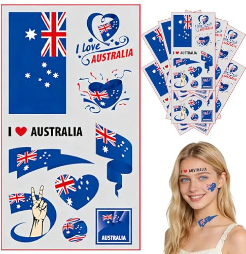 10 Sheets Australian Flag Temporary Tattoo for World Cup Football 2026 Decoration,Australia Flag Tattoo Transfer Stickers Patriotic Tattoos for National Day Support Event Australian Party Decorations