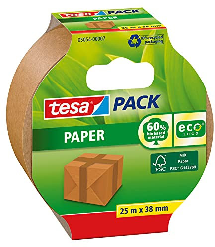tesapack Paper ecoLogo - Environmentally Friendly Paper Packing Tape, 60 % Biobased Material - Brown - 25 m x 38 mm
