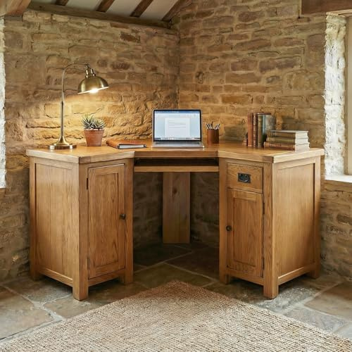The Furniture Market Rustic Oak Corner Desk – Space-Saving Office Workstation, Large Storage, Keyboard Tray, Solid Wood, Minor Assembly Required - D 550mm x H 790mm
