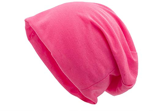 shenky Jersey Beanie | Frühlingsmütze | große Köpfe | dünne Sommermütze | haube Kopf | für Damen & Männer | lang geschnitten | Unisex | Long Slouch Beanie | Neonpink XXL