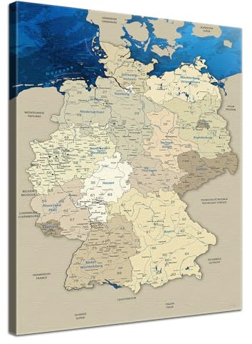 LANA KK - Premium Pinnwand Deutschlandkarte - Blue Ocean - Deutsch - in 100 x 150 cm, stabile Rückwand zum Pinnen inkl. Starterkit - Leinwand-Kunstdruck Wandbild Landkarte XXL