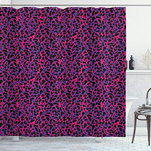 ABAKUHAUS Urwald Duschvorhang, Leopard-Haut-Safari 80er, Stoffliches Gewebe Badezimmerdekorationsset mit Haken, 175 x 200 cm, Royal Blue Hot Pink