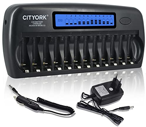 CITYORK Chargeur de Piles 12 Slots pour Ni-MH Ni-CD AA/AAA Piles Rechargeables avec écran LCD Intelligent et décharge et Protection IC intégrée