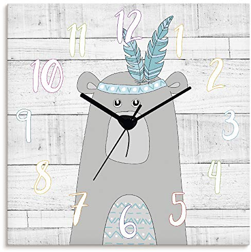 ARTLAND Wanddeko Wanduhr ohne Tickgeräusche aus Alu Kinderuhr Quarz Uhr lautlos 30x30 cm Lernuhr Kinder Indianer Bär Teddy Comic Junge Holzoptik Blau T9HE